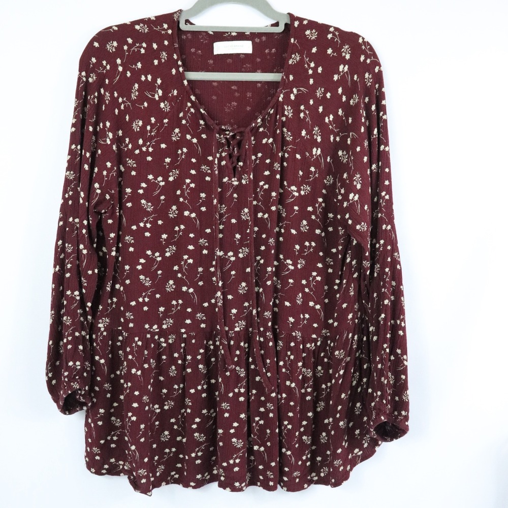 Lucky Brand Burgundy Floral Peplum Tunic Flowy Lace Up Tassels Size Large